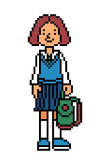 Happy schoolgirl in uniform with a backpack, 8 bit pixel art character isolated on white background. University, college student. Vintage retro 80s, 90s 2d computer, video game, slot machine graphics.