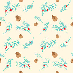 Pattern Christmas and New Year 2022, branch with cones, berries. Vector illustration