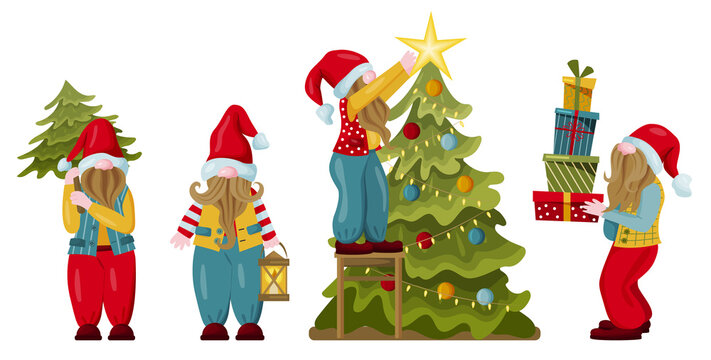 A colorful set of little gnomes. Fairy-tale characters perform various actions related to Christmas and New Year. Vector.