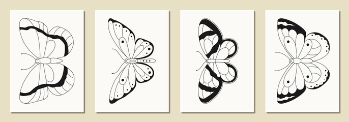 Fototapeta na wymiar Set of posters with butterflies in modern, trendy colors, contemporary aesthetic background or card template