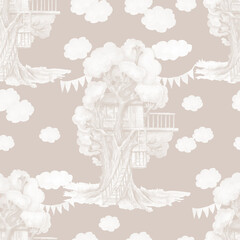 Treehouse forest nature watercolor hand drawn illustration patern seamless . clouds children's cute picture branches ladder print textiles