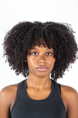 close up of afro american woman on white background