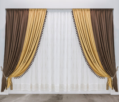 Luxurious velvet curtains in brown and yellow velvet with fringed edges