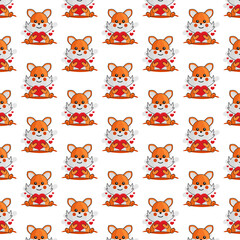 Seamless pattern cartoon fox holding heart design