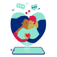 Call loved one. Couple kiss in distance. Smartphones for chat, call, message, send and surfing in Social Media. Flat style sketch vector illustration