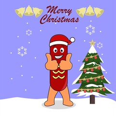 Cute cartoon hotdog or sausage wearing winter hat with snowfall, Christmas tree. Merry Christmas. Vector illustration design for mascot, logo, sticker, Christmas card