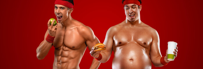 Fototapeta na wymiar You are what you eat. Fit man with apple and fat man with burger and soda. Awesome Before and After Weight Loss fitness Transformation. The man was fat but became athlet. Fat to fit concept.