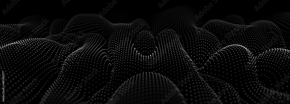 Poster Wave of dots. Abstract background of points. Cyber particles. Big data stream. Vector illustration