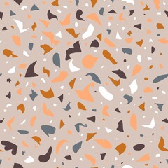 Terrazzo vector seamless pattern. Texture of Italian floor with chips of marble, quartz, granite, glass. Modern trendy background design in natural colors.