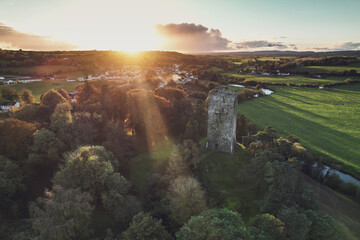 Obraz premium Aerial view of Conna Castle at sunset in county Cork, Ireland