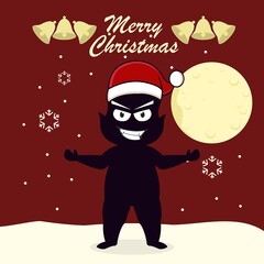 Cute cartoon black devil wearing winter hat with snowfall, moon. Merry Christmas. Vector illustration design for mascot, logo, sticker, Christmas card