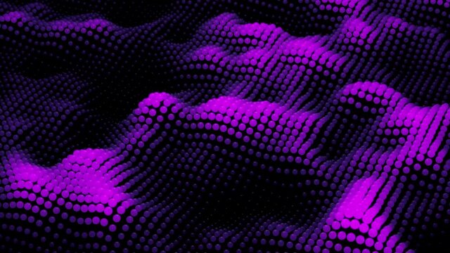 Neon moving dark animation background. Glow purple spheres move in waves, changing color and size. Big data animation. Motion of abstract digital data flow.