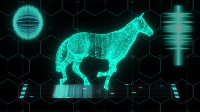 Technological concept. Running of a horse on the background of technology. Blue color. 3d animation of a seamless loop