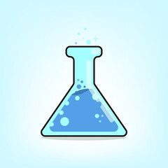 Erlenmeyer Graduated Glass Narrow Mouth. Chemistry bottle with blue liquid bubbling up. flat vector illustration. eps 10