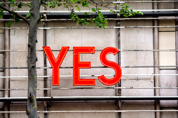 A sign with red neon letters of the word "Yes", outdoors on a wall, next to a tree