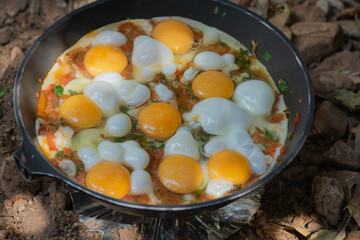 Shakshouka, a traditional dish of poached eggs in sauce of tomatoes, harissa, olive oil,  onion,  garlic and spices, boiled in a pan outdoors 