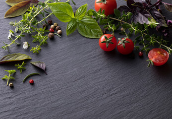 Composition of ingredients for cooking - basil, thyme, rosemary, tomatoes, peppercorns on black...