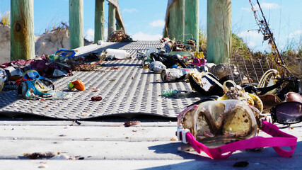 Trash washed up on a beach walk on a Florida beach after strong storms on the Gulf of Mexico.