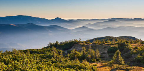 Obraz premium Bright Carpathian landscape in the morning light. The beauty of the Carpathian Mountains. Natural light. Panoramic view. Vibrant photo wallpaper. Location place Carpathian mountains, Ukraine, Europe
