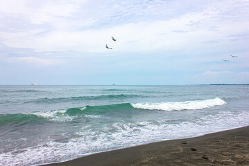 Nature landscape view of beautiful  beach and sea in cloudy day. Beach sea space area