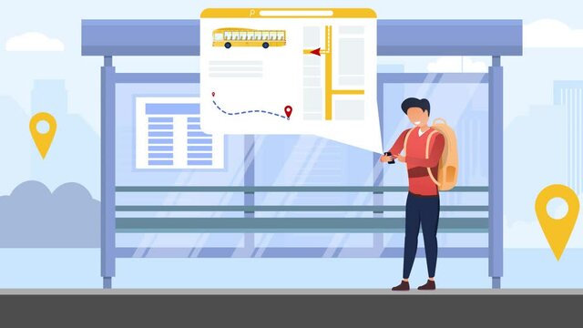 Mobile bus tracking system with person waiting at the bus stop tracking the vehicle on an online transport app. Schoolboy waiting public transport to get home. Animated cartoon.