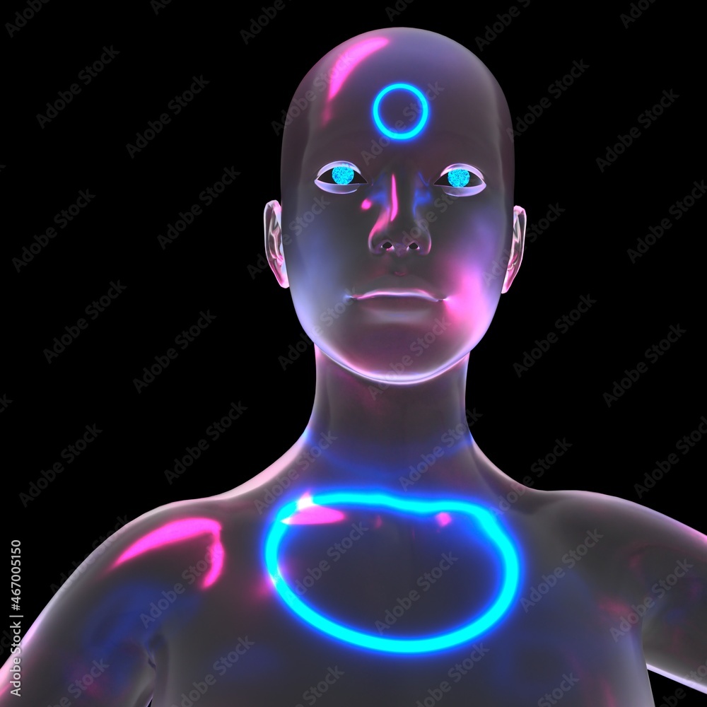 Poster 3d illustration of an futuristic-looking bald woman with a neon circle in the forehead. concept of t