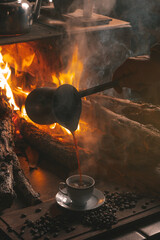 Cup of coffee beverage in fire wood sunset cultivate seeds fresh farm