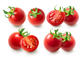 Whole tomatoe and a half isolated on white background. Fresh, red tomatoes set.