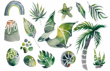 Dinosaur Set clipart. Cute Dino and other fantastic elements of nature of the prehistoric period. cartoon dinosaurs for kids illustration in watercolor hand-drawn style. © Tatyana