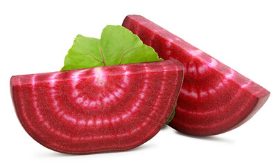 sliced beetroot with green leaf isolated on white background. clipping path