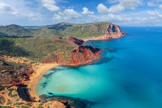 Landscape with aerial view of Cala Pilar beach, Menorca island, Spain