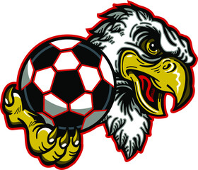 eagle team mascot holding a soccer ball for school, college or league