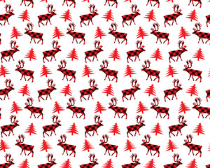 Christmas Seamless Pattern Tartan Checks Plaid Texture with Reindeer and Pine Trees Xmas Allover Print Background Texture