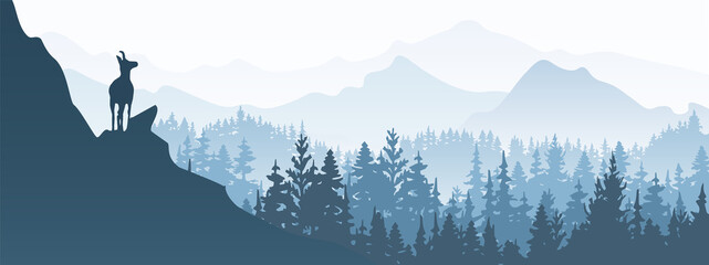 Horizontal banner. A chamois stands on top of a hill with mountains and forest in the background. Black silhouette with blue background. Illustration. Magic misty landscape. © Anna