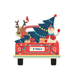 Christmas Holiday pickup truck delivery vector icon. Cute cheerful deer snowman deliver Christmas tree present gift boxes by red truck playful cartoon illustration. New Year Winter holidays background