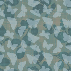 Seamless botanical pattern with butterflies and leaves on an abstract background. butterflies painted in watercolor, digitally processed. Abstract ornament for design, wallpaper, packaging, print
