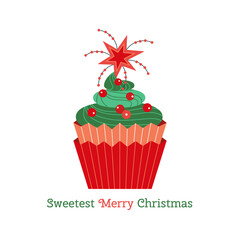 Sweet Christmas tree cute cupcake vector icon. Festive pastry Xmas tree star decorated cartoon design element. Sweetest Merry Christmas. Winter season holiday homemade bakery background illustration