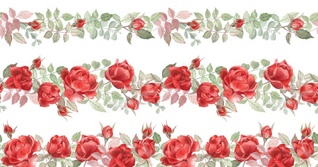 Three seamless borders and garlands of the red roses, painted in watercolor, isolated on white. Beautiful natural patterns for stationery, wedding invitations, valentine cards. 