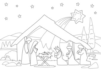 Mother Mary and Joseph with Baby Jesus for Christmas concept of Nativity: Birth of Jesus Christ. Sketch