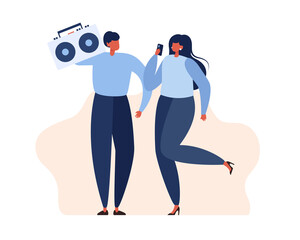 The guy and the girl have fun and listen to music. A man with a wireless speaker and a girl with a smartphone. Flat vector illustration.