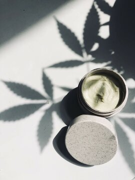 Open jar of hemp cream in the shadow of a marijuana plant on a table