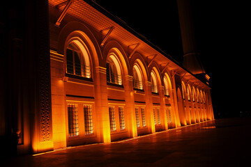 Facade Of A İlluminated Monumental Building Before Dark Background. Great Camlica Mosque At Night
