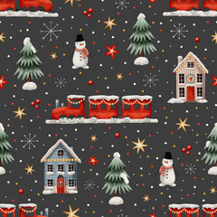 Christmas seamless pattern with holiday train, snowman, christmas houses, trees, snowflakes and stars.