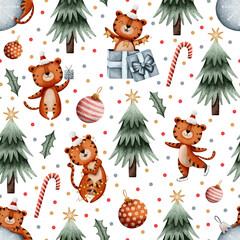 Christmas seamless pattern with tiger, trees, christmas ball, present and dots.