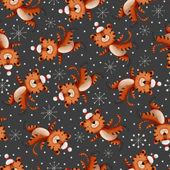 Seamless pattern with tiger and snowflakes.