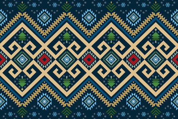 blue tone Christmas snow vintage geometric seamless traditional ethnic pattern design for background, carpet, wallpaper backdrop, clothing, wrapping, batik, fabric. embroidery style. vector.