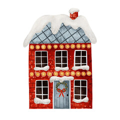 Red christmas house with holiday decoration.