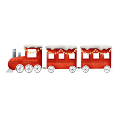 Red christmas train with holiday decoration and christmas lights.