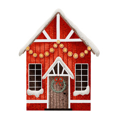 Red house with holiday decoration and christmas lights.