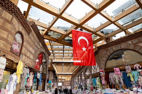 Bursa, Turkey - October 2021: Koza Han bazaar street view. Koza Han is located in the heart of the city's historic market district and a popular tourist attraction.